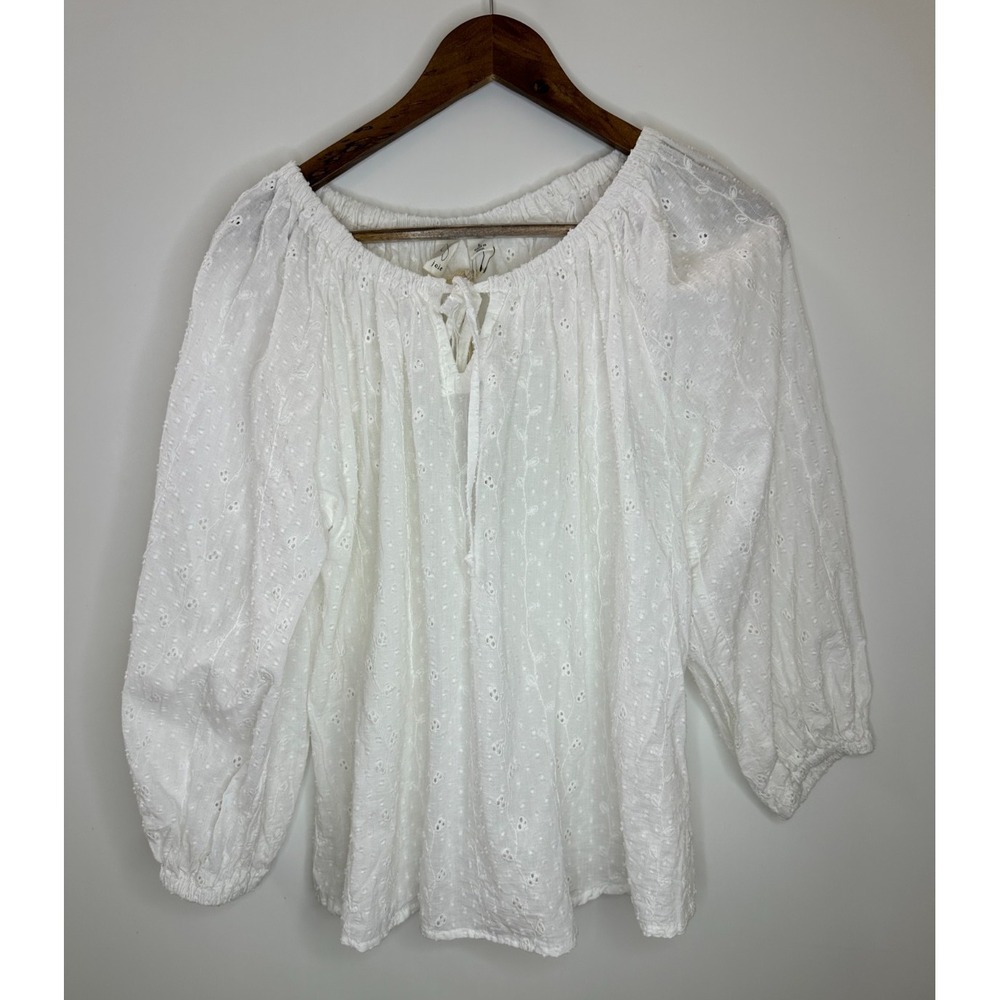 New Joie White Eyelet Cotton Blouse Size Large Top Boho Peasant Cottagecore - Picture 2 of 11